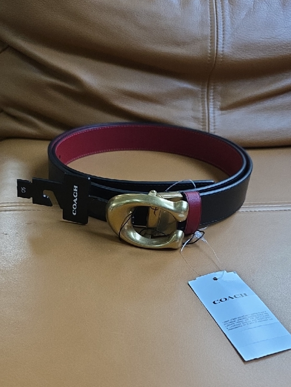 Coach Black and Red Leather Belt with Gold 'C' Buckle - Picture 12 of 16